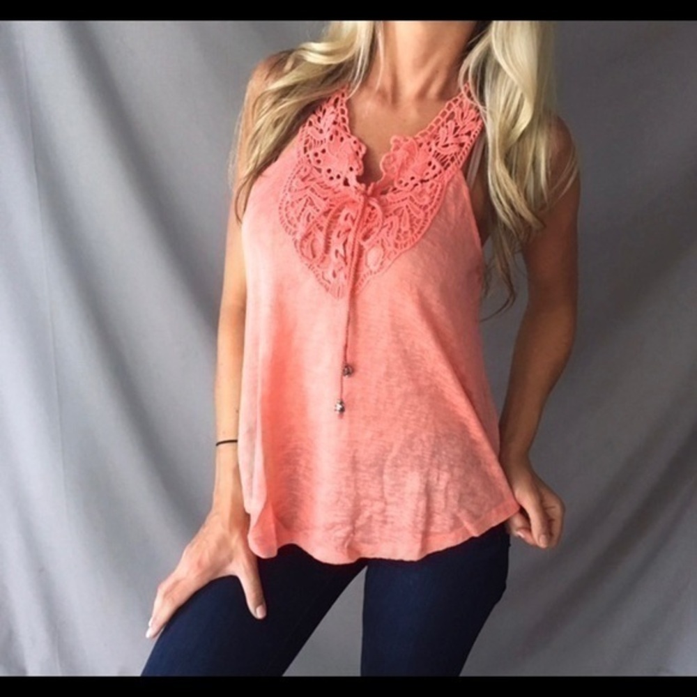 Boho Crochet Tie Front Relaxed Sleeveless Slub Top